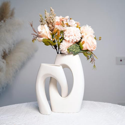 White Ceramic Vase Set of 2 with Champagne Faux Flowers