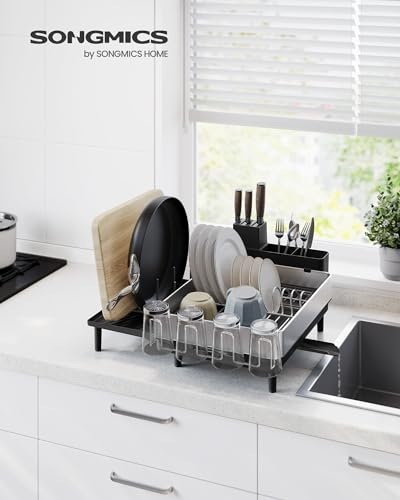 SONGMICS Large Dish Drying Rack, Expandable Dish Dryer for Kitchen Counter, Stainless Steel Dish Rack with Rotatable Spout, Utensil, Cup, Glass, Cutting Board, Pan Holders, Silver and Black UKCS037B01 - color: Silver + Black, size: 19.9"D x 19.1"W x 8.9"H