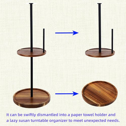 2-in-1 Spice Rack with Paper Towel Holder, Rotating Kitchen Countertop Storage, Lazy Susan Turntable Organizer, 2 Tier Wood tray for Kitchen, BBQ, Party, Tall Bottle Compatible