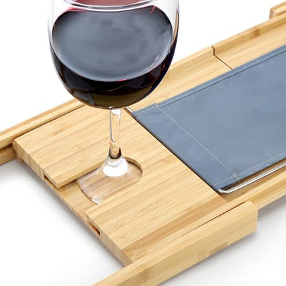 Elama Expandable Bamboo Bath Tray, Adjustable Bathtub Caddy with Book & Tablet Holder, Wine Glass Slot, and Spa Accessory Compartments
