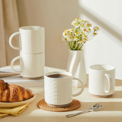 Sweese Stackable Coffee Mugs Set of 4, 10 oz Porcelain Coffee Cups with Embossed Design, White Cappuccino Cups for Coffee, Latte