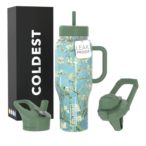Coldest Tumbler with Handle and Straw - 100% Spill Proof Tumbler with Straw (3 Lids) - Stainless Steel Insulated Leakproof Tumblers for Women & Men - 36 oz (Almond Blossom) - color: Almond Blossom, size: 36 oz