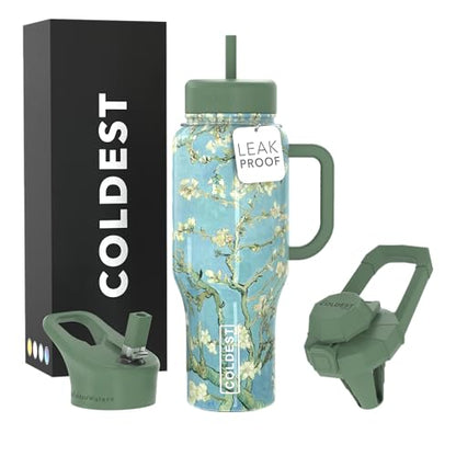 Coldest Tumbler with Handle and Straw - 100% Spill Proof Tumbler with Straw (3 Lids) - Stainless Steel Insulated Leakproof Tumblers for Women & Men - 36 oz (Almond Blossom) - color: Almond Blossom, size: 36 oz