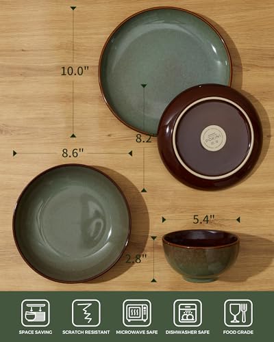 16 Piece Double Bowl Dinnerware Sets with Pasta Bowls, Highly Chip and Crack Resistant Plates and Bowls Sets, Natural Earthyware Ceramic Dishware Sets, Service for 4 Sage Green - color: Sage Green, size: Set (16pcs)