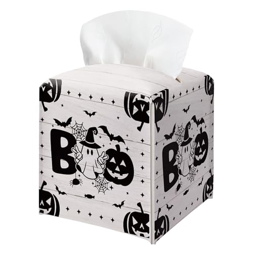 Boo Halloween Tissue Box Holder, Black Spooky Pumpkin Leather Tissue Box Cover Square, Horror Facial Paper Organizer Dispenser Toilet Paper Holder for Bathroom Kitchen Office Home Decor-A11 - color: White05