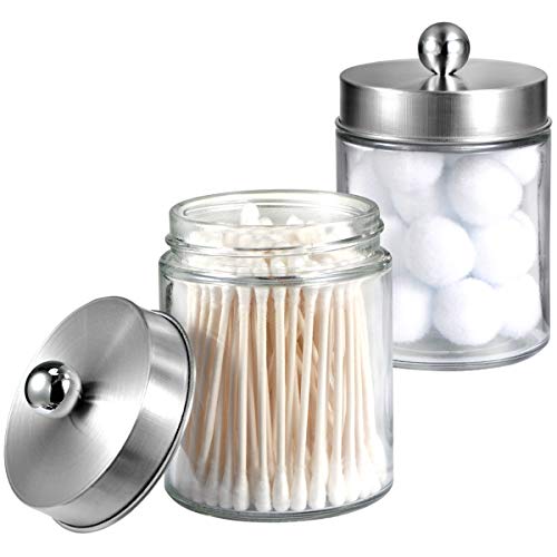 Amolliar Apothecary Jar Bathroom Qtip Holder Glass, Brushed Nickel 2Pc | for Bathroom Vanity Storage, Countertop, Farmhouse Style, Holds Cotton Swabs, Dental Floss, Makeup Sponges - color: Brushed Nickel