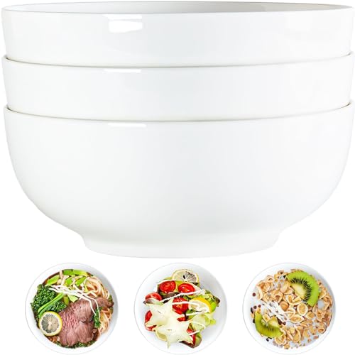 60 oz Large Soup, Ramen, Pho, Noodle, and Salad Bowl Set of 3, 8 in White Ceramic Bowls, Versatile & Microwave Safe - size: 8-inch, 60 Ounce