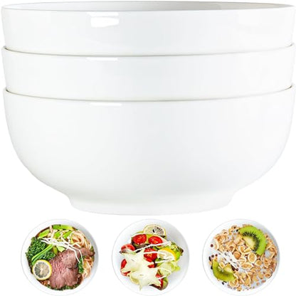 60 oz Large Soup, Ramen, Pho, Noodle, and Salad Bowl Set of 3, 8 in White Ceramic Bowls, Versatile & Microwave Safe - size: 8-inch, 60 Ounce