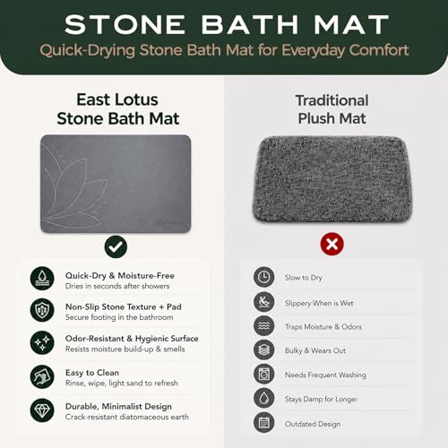 Stone Bath Mat - Diatomaceous Earth, Quick Dry - East Lotus | Non-Slip, Stone Bath Mats for Bathroom, Bath Stone, Diatomite, 23.6"x15.4", Luxury Bath Mat - color: East Lotus