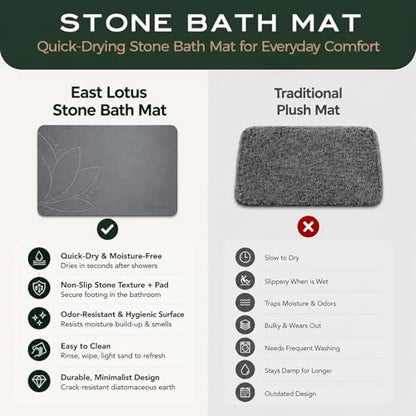 Stone Bath Mat - Diatomaceous Earth, Quick Dry - East Lotus | Non-Slip, Stone Bath Mats for Bathroom, Bath Stone, Diatomite, 23.6"x15.4", Luxury Bath Mat - color: East Lotus