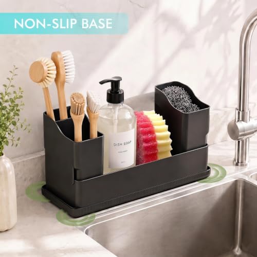 Sponge Holder for Kitchen Sink with Drying Stone, Black | Kitchen Caddy Sink Organizer, 2 Removable Cups, Premium ABS, Anti-Slip, 12.7" Sponge and Soap Holder for Kitchen Counter - color: Black