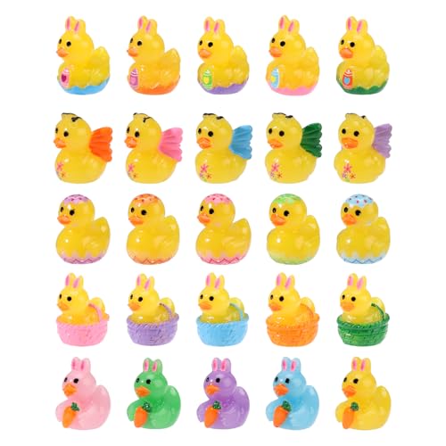 Lyreh 25pcs Mini Resin Ducks for Easter, 5 Styles Tiny Ducks Resin Easter Butterfly Small Basket Stuffers Little Miniature Figurines Eggs Rabbit Duckies Garden Carrot Rabbit Ear Decoration