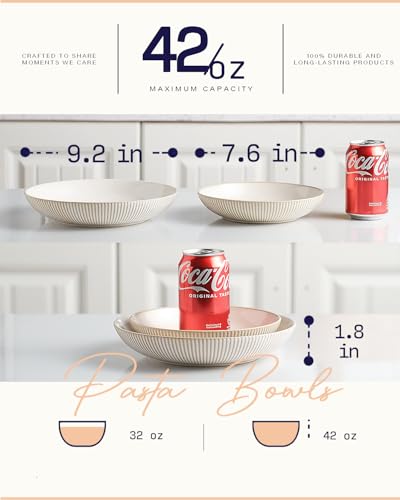 getstar Pasta Bowls, Large Salad Serving Bowls (9.2 inch/42 oz), Ceramic Bowl Plates Set of 4, Farmhouse Embossments, Microwave and Dishwasher Safe - size: 9.2"/42oz
