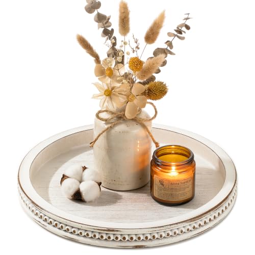 Hanobe Decorative Tray for Coffee Table: 11.8" Round Whitewashed Wood Tray for Rustic Farmhouse Living Room Kitchen Island Entryway Home Decor - color: White Washed