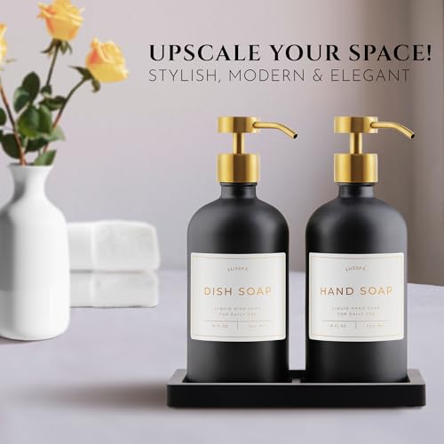 Glass Soap Dispenser Set of 2 (Black) with Silicone Tray | Hand and Dish Soap Dispenser for Kitchen and Bathroom | 16.8 Oz Glass Bottles with Stainless Steel Pump & 15 Waterproof Labels (Black/Gold) - color: Black/Gold