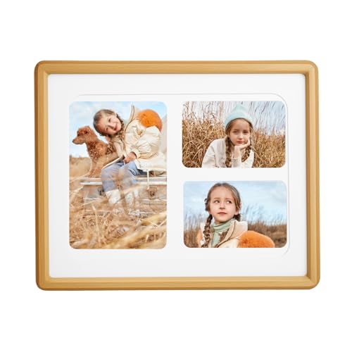 8x10 Collage Picture Frame Natural Teak Solid Wood, 4x6 Collage Photo Frame Displays and Two 3x4 Photos or 8x10 (Without Mat), Wooden Frame for Tabletop or Wall Mounting Display - color: Teak, size: 8x10-3 Opening