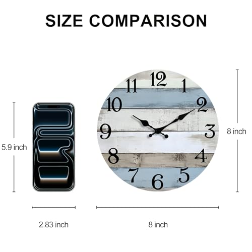 JoFomp 8 Inch Wooden Wall Clocks Battery Operated, Silent Wall Clock Non Ticking, Coastal Country Design Rustic Wall Clocks for Living Room Decor, Small Wall Clock for Bedroom Kitchen Bathroom - size: 8 Inch
