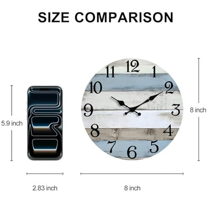 JoFomp 8 Inch Wooden Wall Clocks Battery Operated, Silent Wall Clock Non Ticking, Coastal Country Design Rustic Wall Clocks for Living Room Decor, Small Wall Clock for Bedroom Kitchen Bathroom - size: 8 Inch