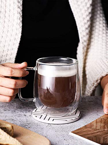 Kanwone Large Glass Coffee Mugs - 14 Ounce - Double Wall Insulated Glasses with Handle, Clear Glass Coffee Mugs, Perfect for Latte, Macchiato, Americano, Cappuccino, Tea and Beverage, Set of 2