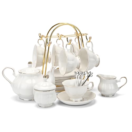 CHENP.HMC Tea Set 22-Piece Porcelain Ceramic Coffee Tea Gift Sets Cups Saucer Service for 6 Teapot Sugar Bowl Creamer Pitcher and Teaspoons (White) - color: White