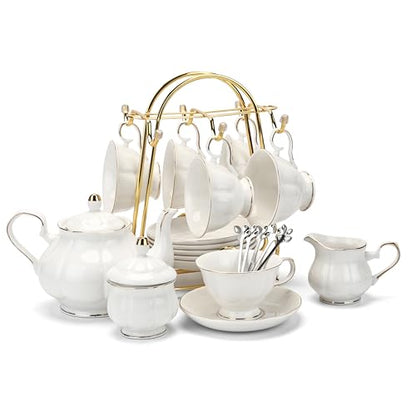 CHENP.HMC Tea Set 22-Piece Porcelain Ceramic Coffee Tea Gift Sets Cups Saucer Service for 6 Teapot Sugar Bowl Creamer Pitcher and Teaspoons (White) - color: White