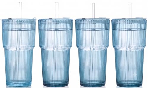 4PCS Blue Ribbed Glass Cups with Lids and Straws, 20oz Vintage Drinking Glasses, Aesthetic Iced Coffee Cups, Glass Tumbler for Boba, Beer, Tea, Cocktails, Blue Ribbed Glassware Set (Blue-4) - color: Blue-4