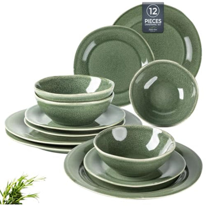 AmorArc Ceramic Dinnerware Sets for 4, Handmade Plates and Bowls Sets | Stoneware Reactive Glaze Dish Set, Scratch Resistant, Dishware Set for Kitchen Wedding, Dishwasher & Microwave Safe, 12 Pcs - color: Jade Green