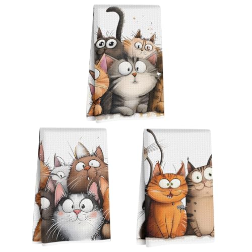 Jztco 3 Pcs Cute Cat Kitchen Towels, Cats Soft Absorbent Hand Tea Towel | Microfiber Dish Cloths for Drying Dishes, Waffle Dish Towels for Kitchen Home Bathroom Decor, Cat Lover Gifts for Women Mom - color: Multi 1441