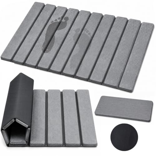 Foldable Stone Bath Mat, Quick Dry Diatomaceous Earth Bath Mat with Non-Slip Mat, Super Absorbent, Easy to Clean, Compact for Bathrooms&Kitchen Counter, 24"×16" & 8"x4", Grey