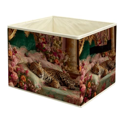Vintage Baroque Floral Leopard Storage Basket with Handles | Maximalist Rococo Romantic Cheetah Animal Collapsible Fabric Storage Box Bin Organizer for Shelves Closet Clothes - color: colour 21