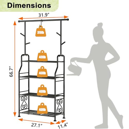 GIOTORENT Plant Stand Indoor Outdoor, 4-Tier Heavy Duty Metal Shelves, Display up to 17 Multiple Plants, Tall Plant Holder with Plant Hanger, Suit for Patio Living Room Garden Balcony, 5 Hooks, Black - size: B-4Tier-Hanger