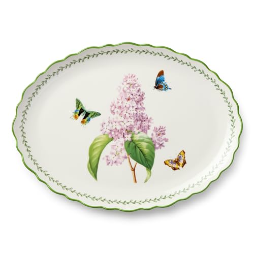 Mirabella Porcelain OVAL PLATTER, elegant 16 x 12 inch serving platter with lilac floral artwork and butterflies, perfect for roasts, vegetables, desserts, entertaining and coordinated table styling