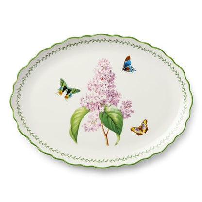 Mirabella Porcelain OVAL PLATTER, elegant 16 x 12 inch serving platter with lilac floral artwork and butterflies, perfect for roasts, vegetables, desserts, entertaining and coordinated table styling