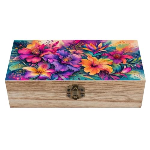 Colorful Tropical Flowers Wooden Storage Box Decorative Keepsake Box with Metal Lock Vintage Organizer Container Jewelry Photo Letter Memory Box Rustic Home Desk Storage Gift Box - color: Colorful Tropical Flowers