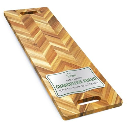 Howizz Solid Acacia Wood 36"x12" Extra Large Charcuterie Board with Handles, Grazing Board Serving Board Herringbone Chevron Serving Tray for Bread, Meat, Appetizers, Kitchen Cutting Board - color: Premium Herringbone, size: 36"L x 12"W
