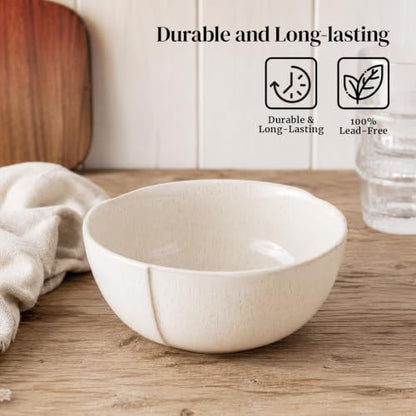 DOWAN 32 OZ Soup Bowls Set of 4, 6" Large Deep Ceramic Bowls with Embossed Sesame Glaze for Kitchen, Oatmeal, Soup, Salad, Fruit, Dishwasher & Microwave Safe