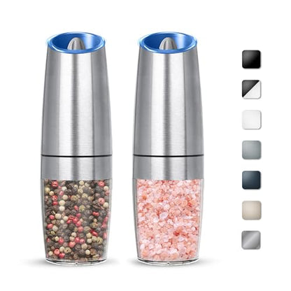 Battery Gravity Salt Pepper Grinder Set, 2 Pack (Silver) | Gravity Automatic Grinder With LED Light & Adjustable Roughness, Each Requires 6 AAA Batteries For Kitchen Daily Seasoning - color: Battery/Set/Silver