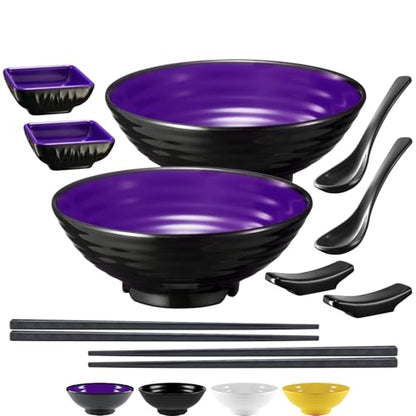 Unbreakable Ramen Bowl Set with Chopsticks and Spoon: 2 large Japanese Style Melamine Ramen Bowls (2 Bowl Set, Purple-Black) - color: Purple & Black, size: 2 Bowl Set