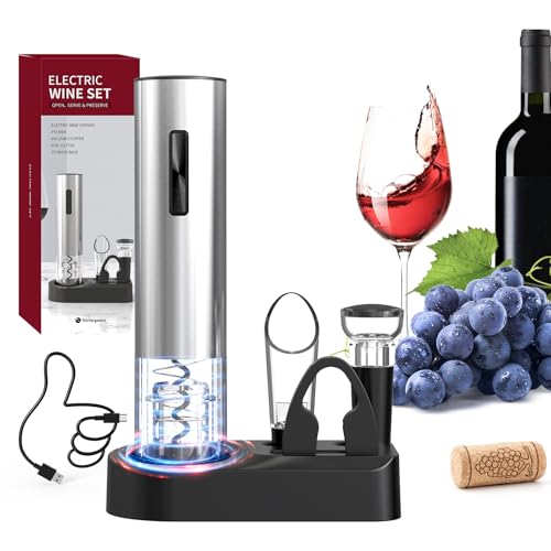 CIRCLE JOY 5-in-1 Electric Wine Opener Set Rechargeable Stainless Steel Automatic Corkscrew Wine Bottle Opener Set with Foil Cutter, Wine Aerator Pourer, Vacuum Wine Stopper and Storage Base, Silver - color: Silver