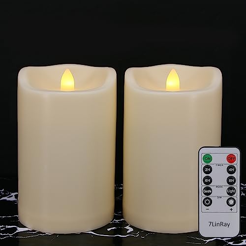 Waterproof Outdoor Flameless Candles with Remote and Timers, 1000 Hours Battery Operated Large LED Flickering Pillar Candles, Ivory Plastic, Set of 2 (D 4" x H 6") - color: 2 Pack-D4"x H6"
