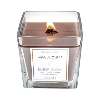 Candle Wood Collection, 15 oz, 1 Wooden Wick, Ember Glow, Square Glass Jar Candle