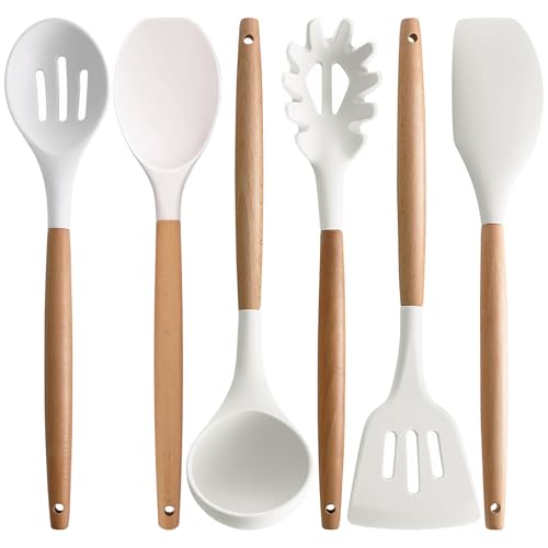 Kitchen Cooking Utensils Set 6Pcs Non-Stick Silicone Kitchen Utensils Spatula Spoon Turner Ladle Pasta Server, Heat Resistant Wooden Handle Silicone Cooking Gadgets Sets for Cookware & Baking - color: White, size: Standard 6-Piece Set