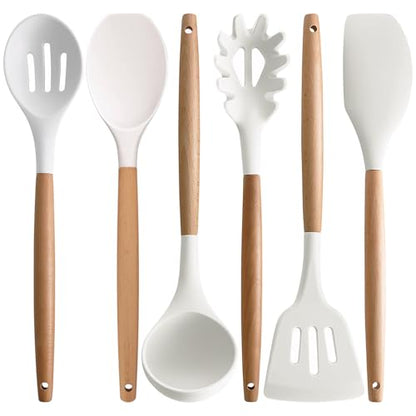 Kitchen Cooking Utensils Set 6Pcs Non-Stick Silicone Kitchen Utensils Spatula Spoon Turner Ladle Pasta Server, Heat Resistant Wooden Handle Silicone Cooking Gadgets Sets for Cookware & Baking - color: White, size: Standard 6-Piece Set