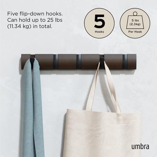 Umbra Flip Coat Rack, Wall Mounted 5-Hook Space Saving, Walnut/Black | Real wood and steel build, retractable hooks fold flat, holds coats bags and scarves, easy install - color: Walnut/Black, size: 5-Hook