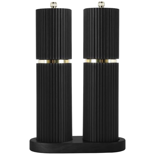 Wooden Salt and Pepper Grinder Set with Gold Accents, Salt and Pepper Grinder with Adjustable Coarseness, Beech Wood Pepper Grinder Manual,Salt and Pepper Shakers Matching Wooden Rray for Gifting - color: BLACK & BLACK