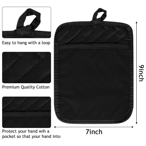 R HORSE 6Pcs Black Pot Holders with Pocket for Kitchen, 7''x 9'' | Cotton Potholders, Heat Resistant Oven Mitts, Non-slip Terry Cloth Trivet, Ideal for Baking Cooking, Machine Wash - color: Black