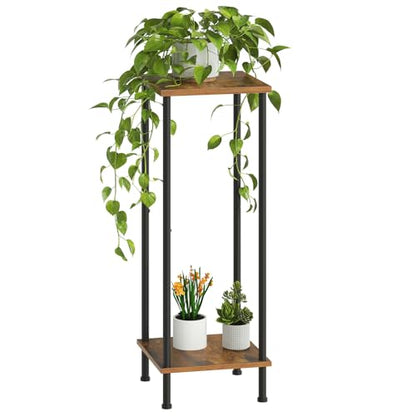 HOOBRO Plant Stand Indoor, 2 Tier 32.8" Tall Small Plant Shelf for Small Space, Square Potted Holder Rack, Modern Flower Stand for Living Room Balcony Garden, Rustic Brown and Black BF14HJ01