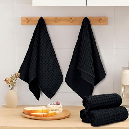 Jacquotha Black Waffle Cotton Hand Towel Set of 5 | Quick Dry, Low Lint Towels for Bathroom, Kitchen & Daily Life, 13" x 29" - color: Black