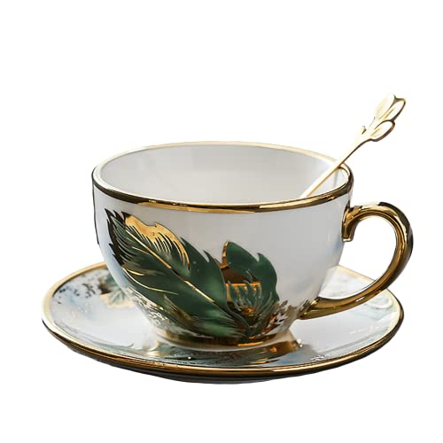 Golden Handle Ceramic Tea Cups, Vintage Feather Pattern Espresso Coffee Mug Set with Saucer & Spoon, 7.74 Oz, Style 1 - color: Green
