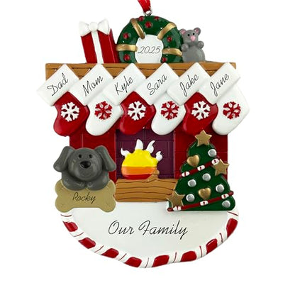 Customized and Personalized Christmas Ornament - Family of 2-6 with One Pet - Add 1 of The 26 Different Dogs and Cats to Design Your Own Custom Pet Design -Made to Order (Family of 6 with 1 Pet) - size: Family of 6 with 1 Pet
